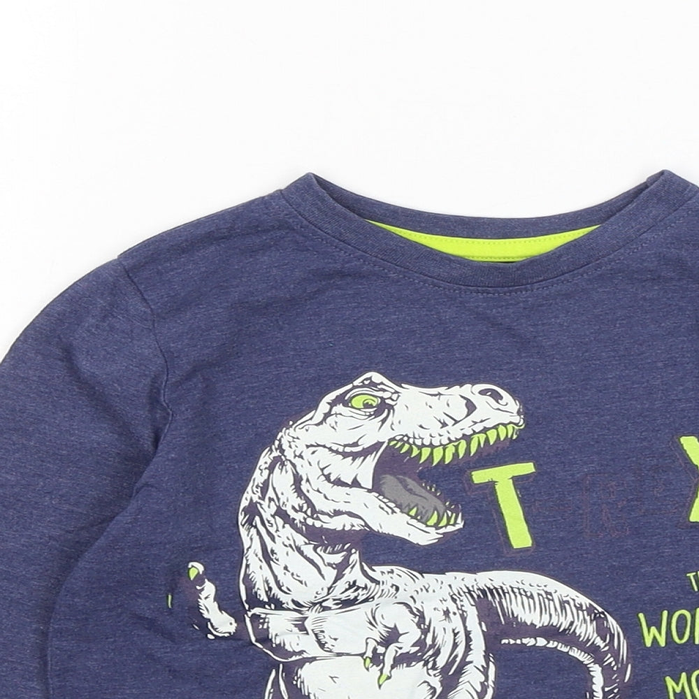 Dunnes Stores Boys Blue Cotton Basic T-Shirt Size 5 Years Round Neck - T Rex Dinasour Graphic