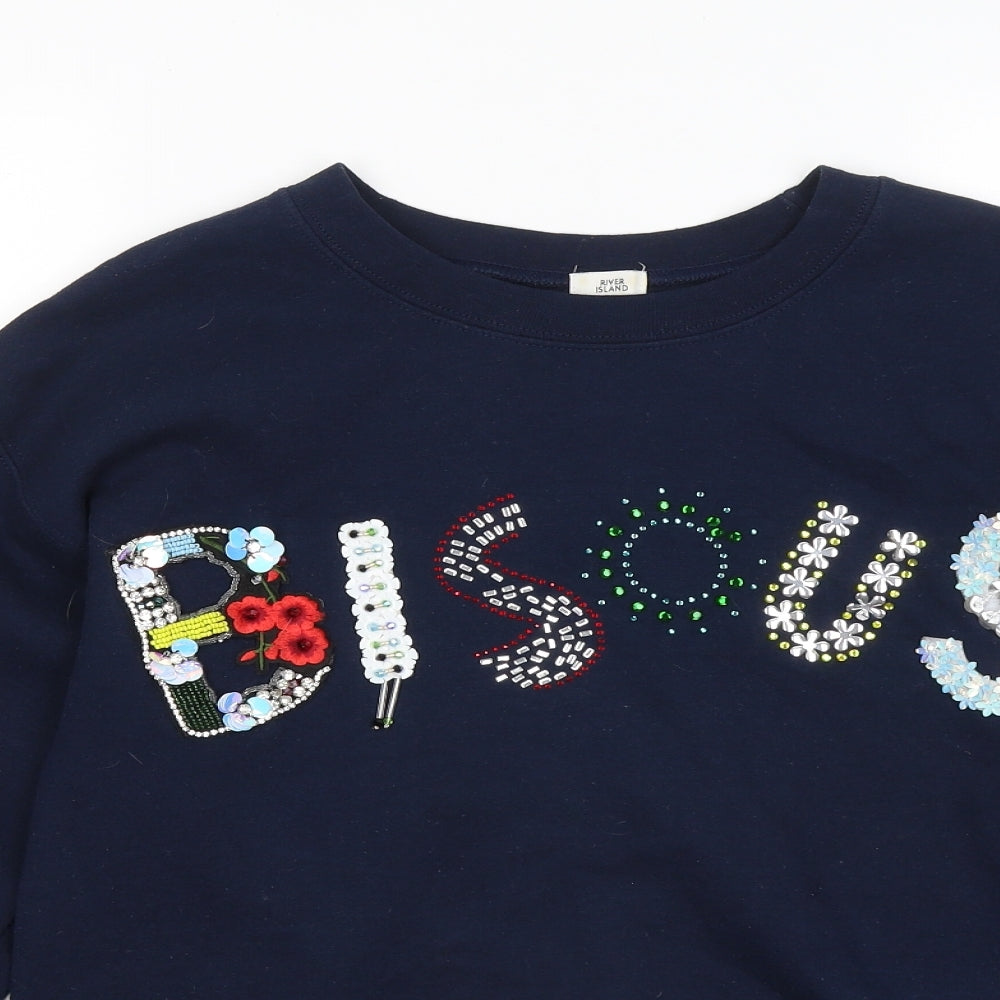 River Island Womens Blue Cotton Pullover Sweatshirt Size XS - Bisous Floral Flowers