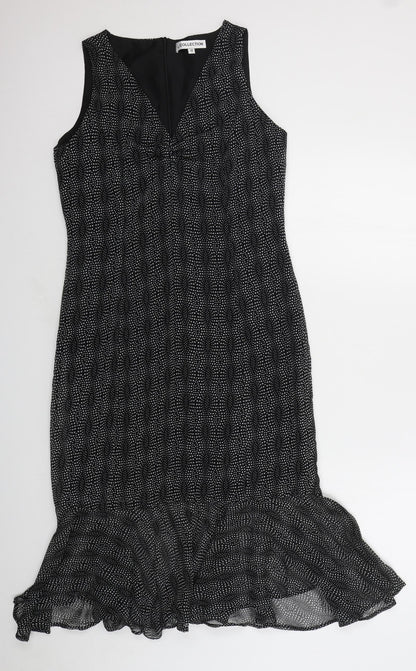 The Collection Womens Black Polka Dot Polyester Fit & Flare Size 12 Round Neck Zip