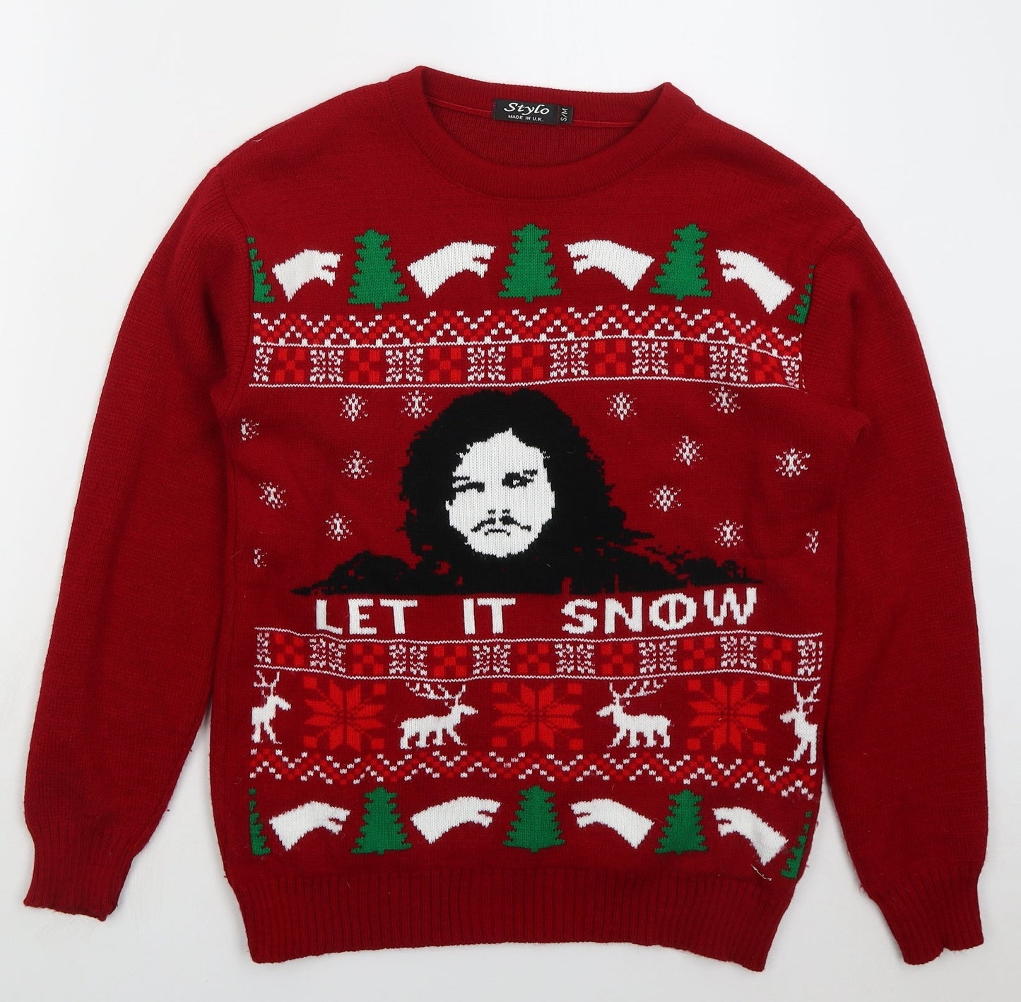 Stylo Mens Red Crew Neck Acrylic Pullover Jumper Size S - Let It Snow