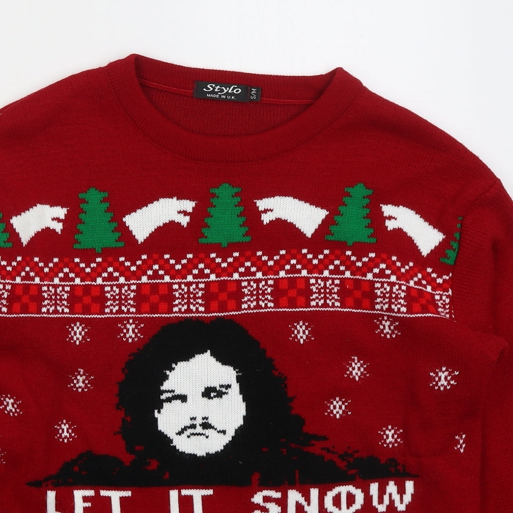 Stylo Mens Red Crew Neck Acrylic Pullover Jumper Size S - Let It Snow