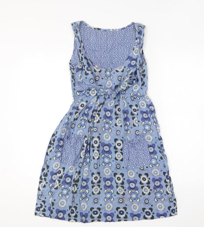 Preworn Womens Blue Geometric Cotton Skater Dress Size 10 V-Neck