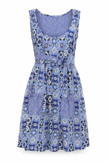Preworn Womens Blue Geometric Cotton Skater Dress Size 10 V-Neck