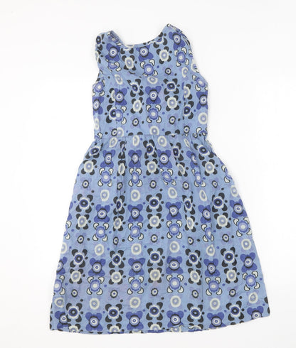 Preworn Womens Blue Geometric Cotton Skater Dress Size 10 V-Neck