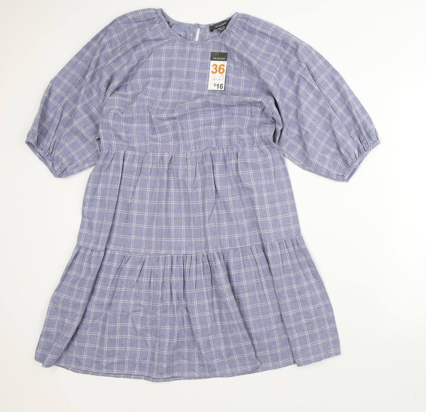 Primark Womens Blue Plaid 100% Cotton A-Line Size 8 Scoop Neck