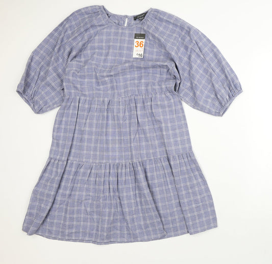 Primark Womens Blue Plaid 100% Cotton A-Line Size 8 Scoop Neck