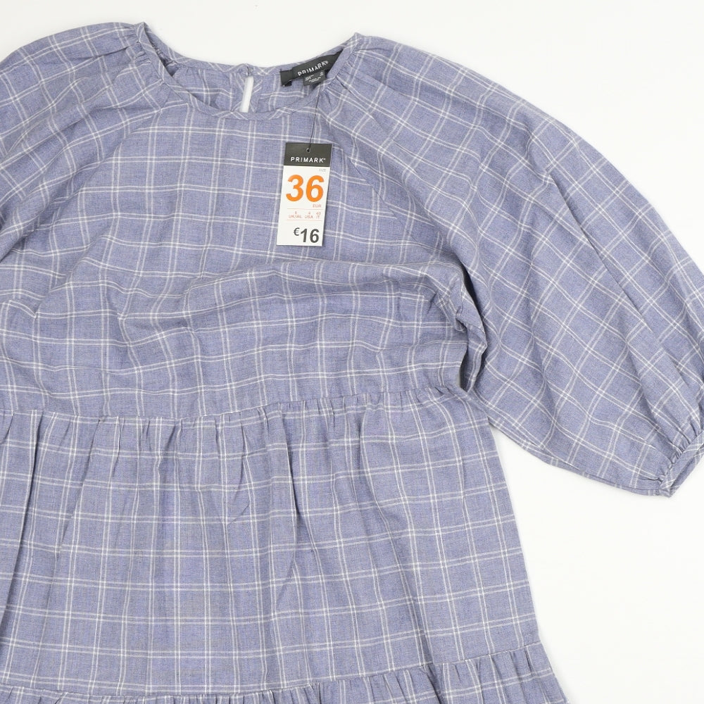 Primark Womens Blue Plaid 100% Cotton A-Line Size 8 Scoop Neck