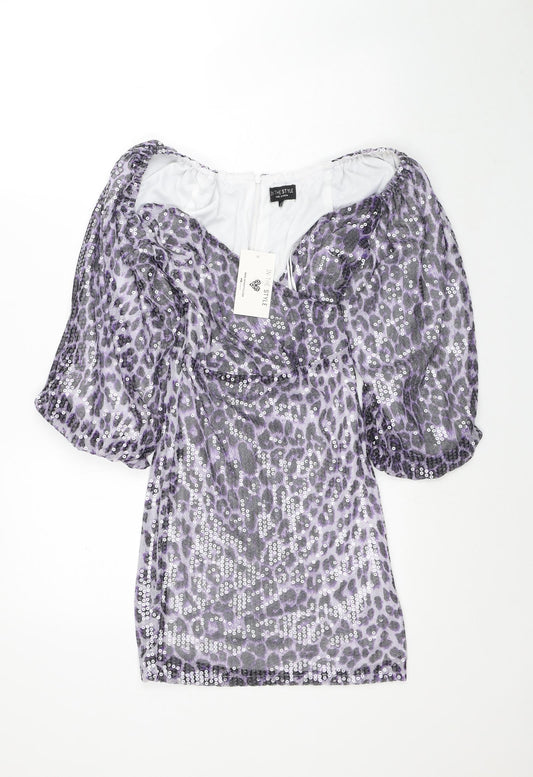 In the Style Womens Purple Geometric Polyester Pencil Dress Size 8 Off the Shoulder