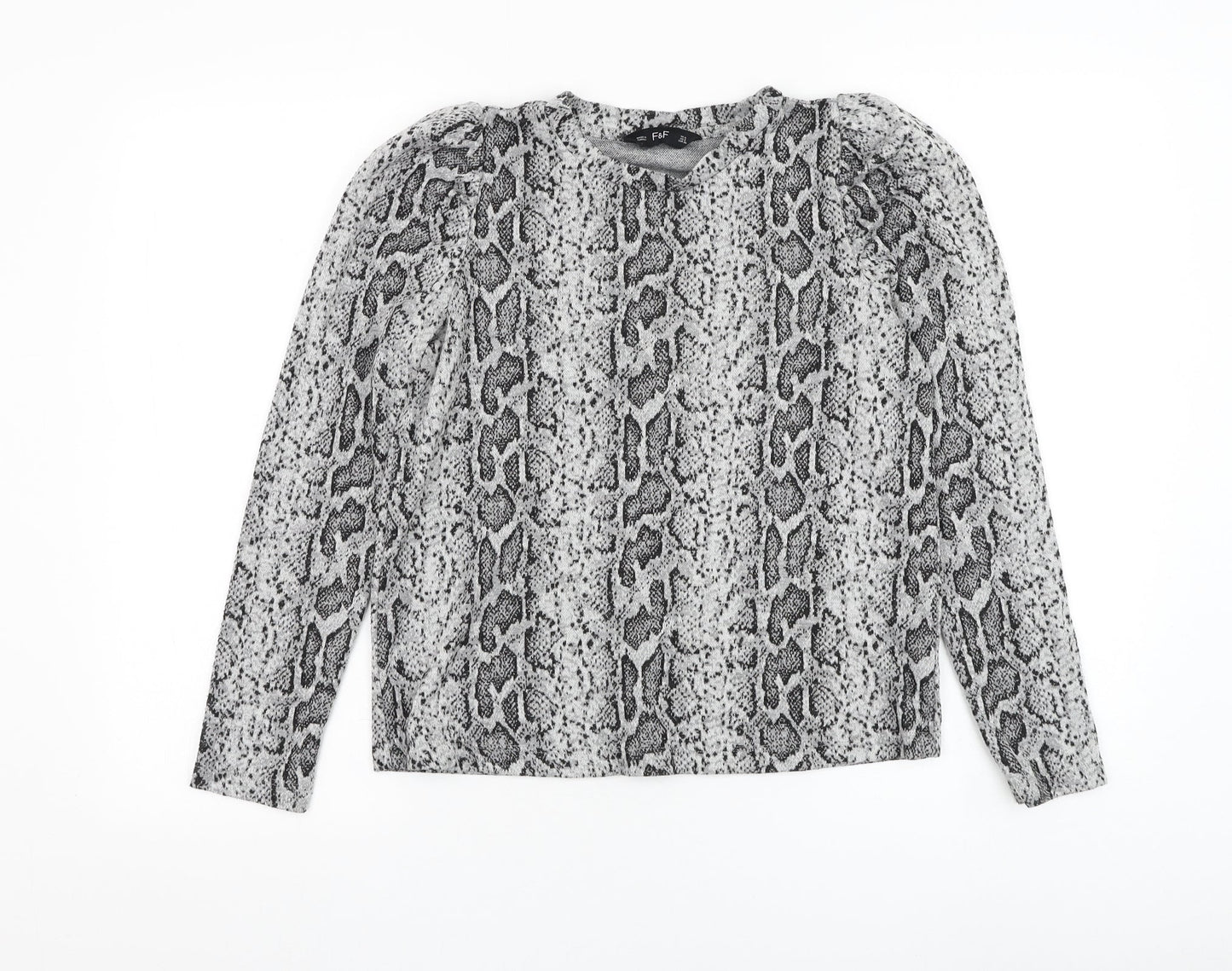 F&F Womens Grey Round Neck Animal Print Polyester Pullover Jumper Size 6