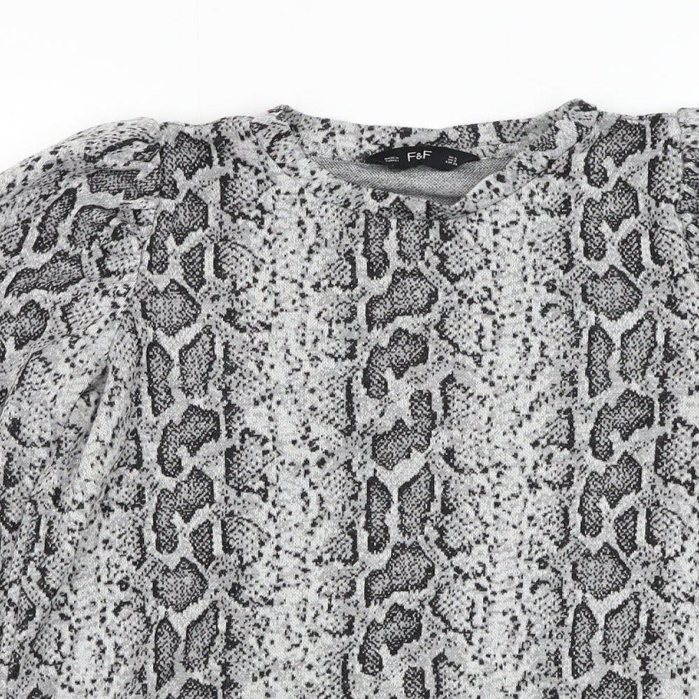 F&F Womens Grey Round Neck Animal Print Polyester Pullover Jumper Size 6