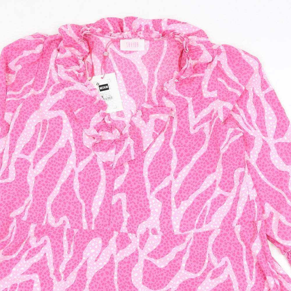 Savida Womens Pink Animal Print Polyester Trapeze & Swing Size M V-Neck Pullover