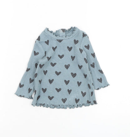 George Girls Blue Cotton Basic T-Shirt Size 3-6 Months Round Neck Pullover - Heart