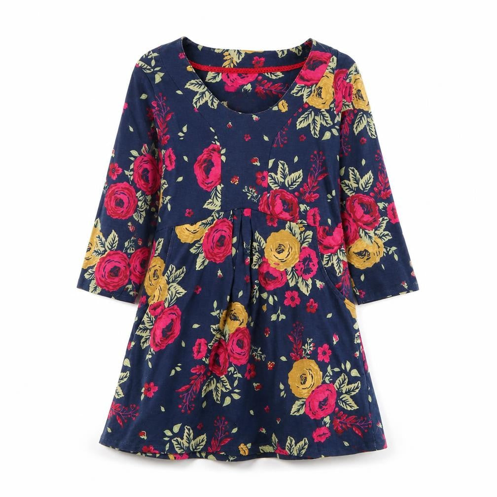 EWM Womens Blue Floral Cotton Shift Size S Round Neck Pullover