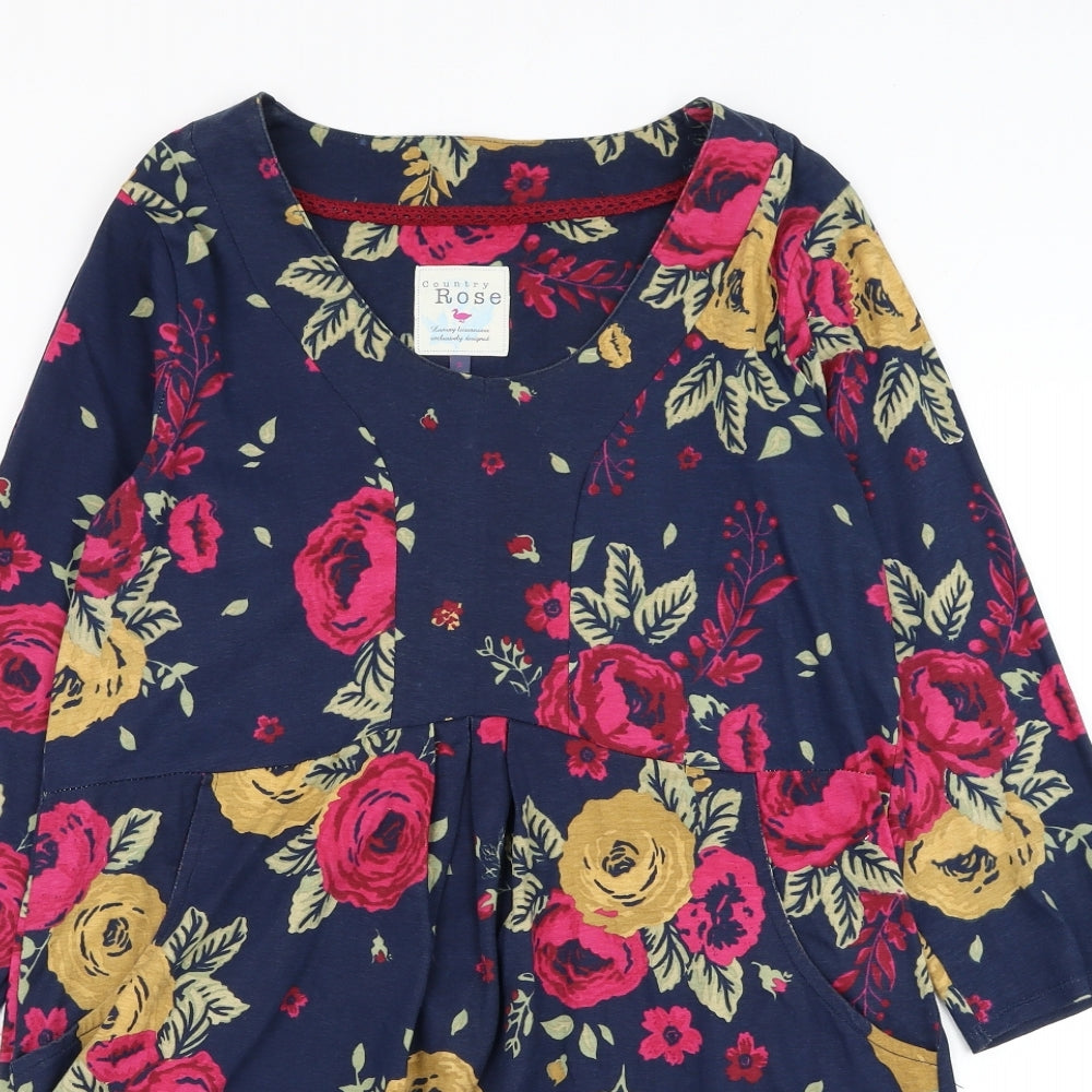 EWM Womens Blue Floral Cotton Shift Size S Round Neck Pullover