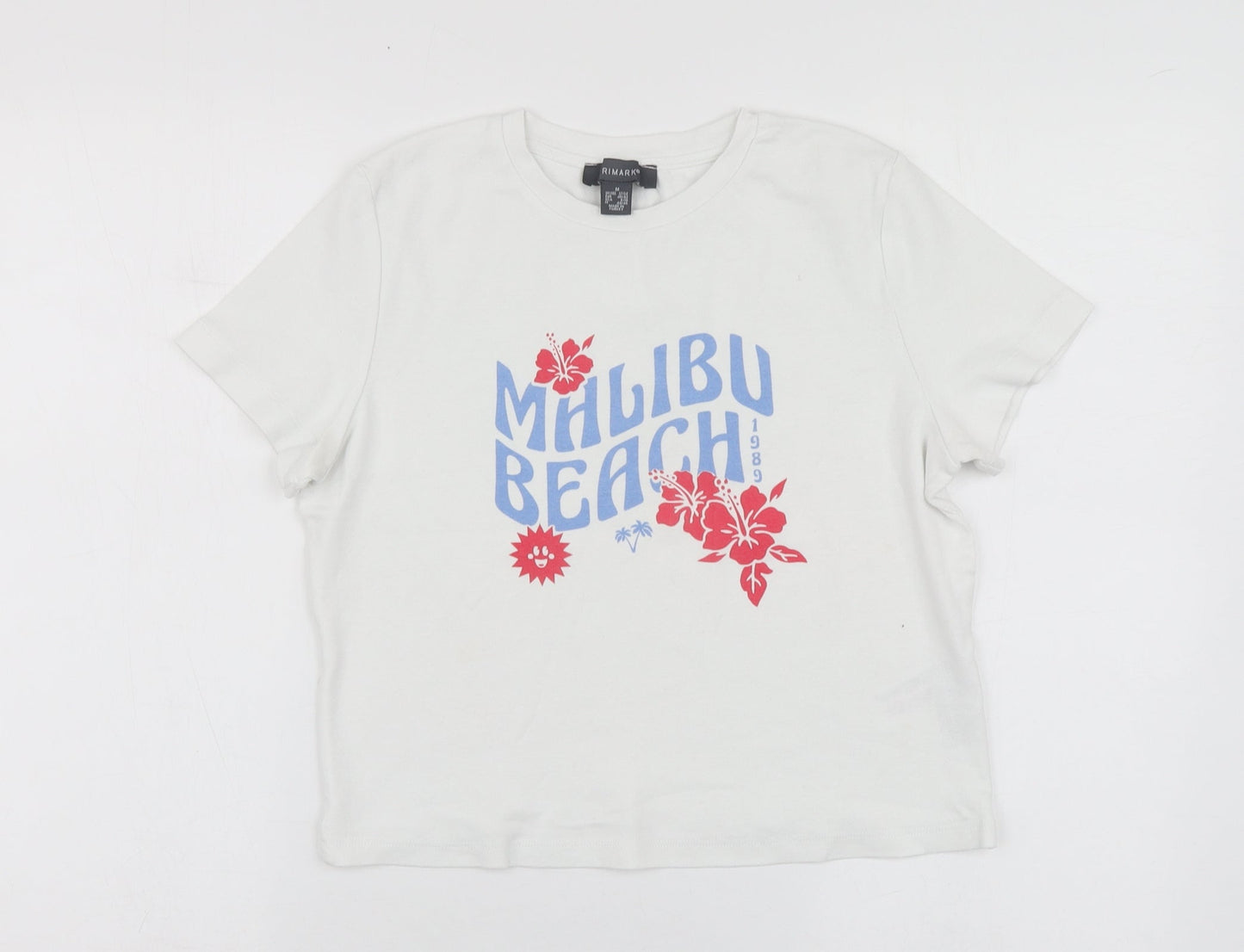 Primark Womens White Geometric Cotton Basic T-Shirt Size M Round Neck