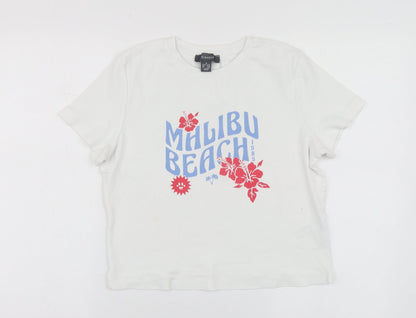 Primark Womens White Geometric Cotton Basic T-Shirt Size M Round Neck