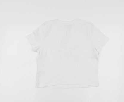 Primark Womens White Geometric Cotton Basic T-Shirt Size M Round Neck