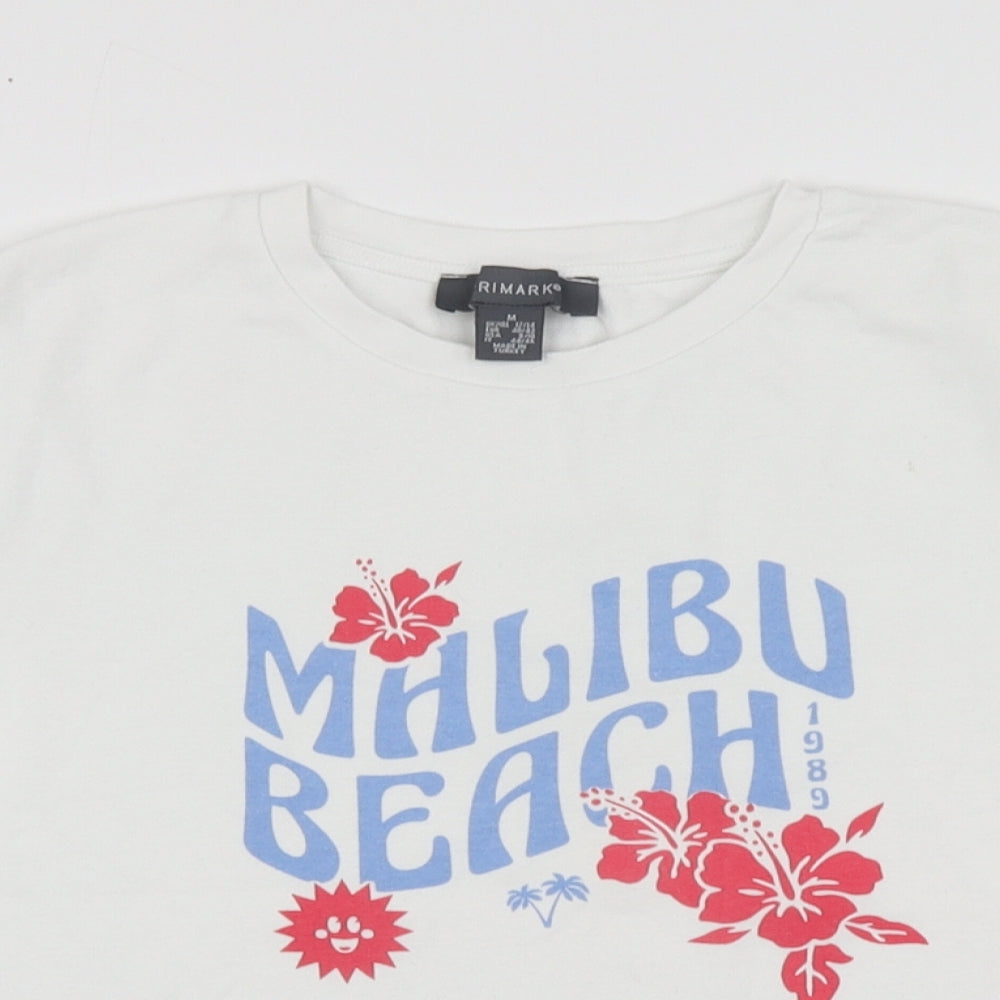 Primark Womens White Geometric Cotton Basic T-Shirt Size M Round Neck