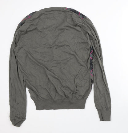 River Island Mens Green V-Neck Geometric Cotton Cardigan Jumper Size L