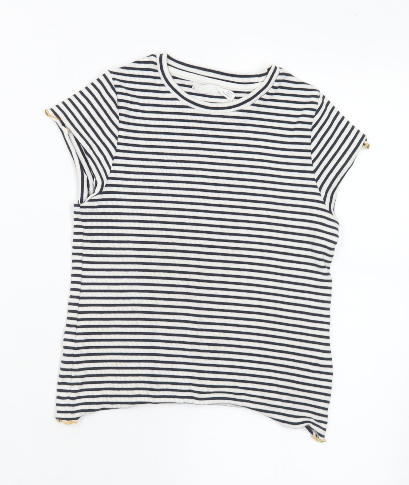 Marks and Spencer Girls Black Striped Cotton Basic T-Shirt Size 8-9 Years Round Neck