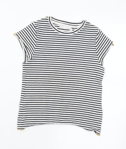 Marks and Spencer Girls Black Striped Cotton Basic T-Shirt Size 8-9 Years Round Neck