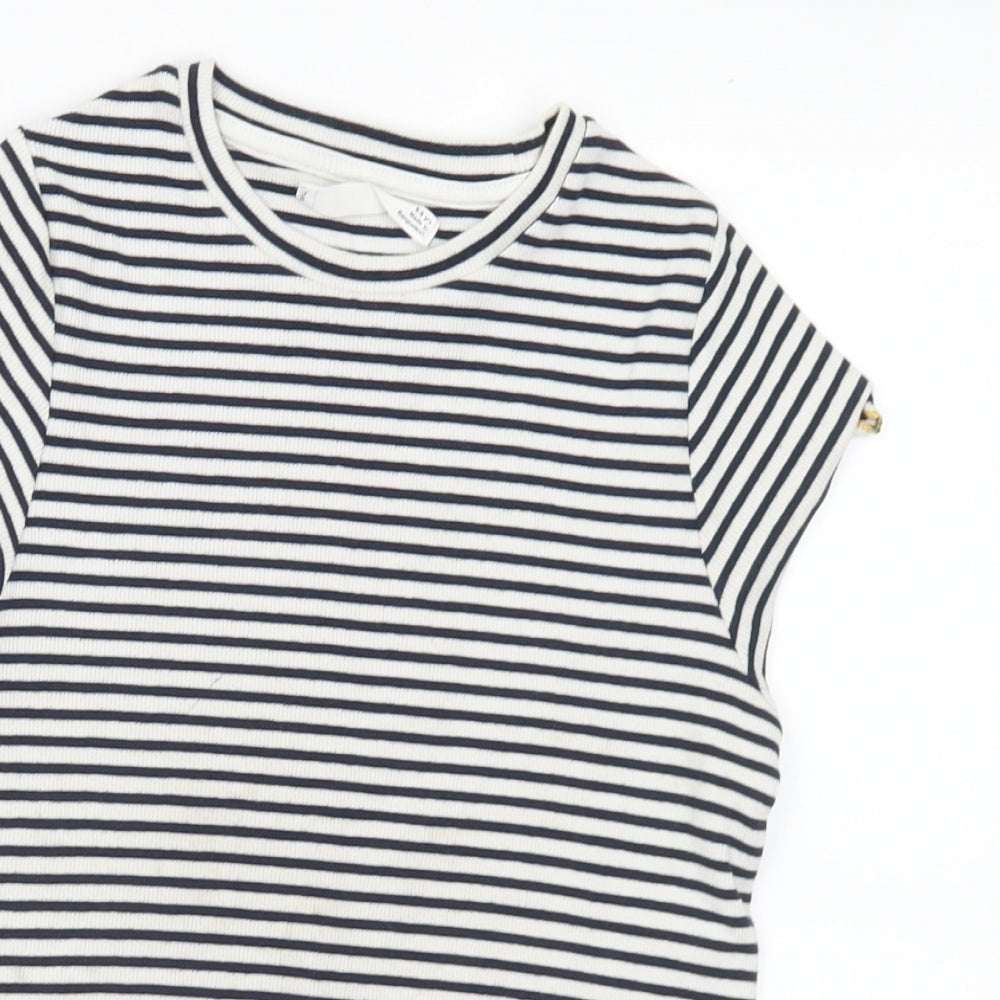 Marks and Spencer Girls Black Striped Cotton Basic T-Shirt Size 8-9 Years Round Neck