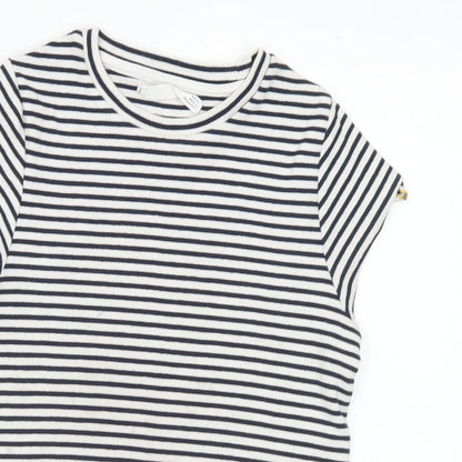 Marks and Spencer Girls Black Striped Cotton Basic T-Shirt Size 8-9 Years Round Neck