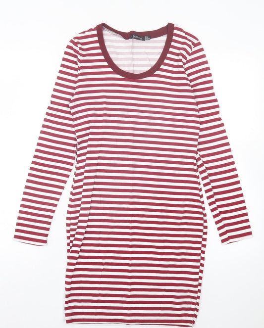 Boohoo Womens Red Striped Viscose Bodycon Size 8 Crew Neck Pullover