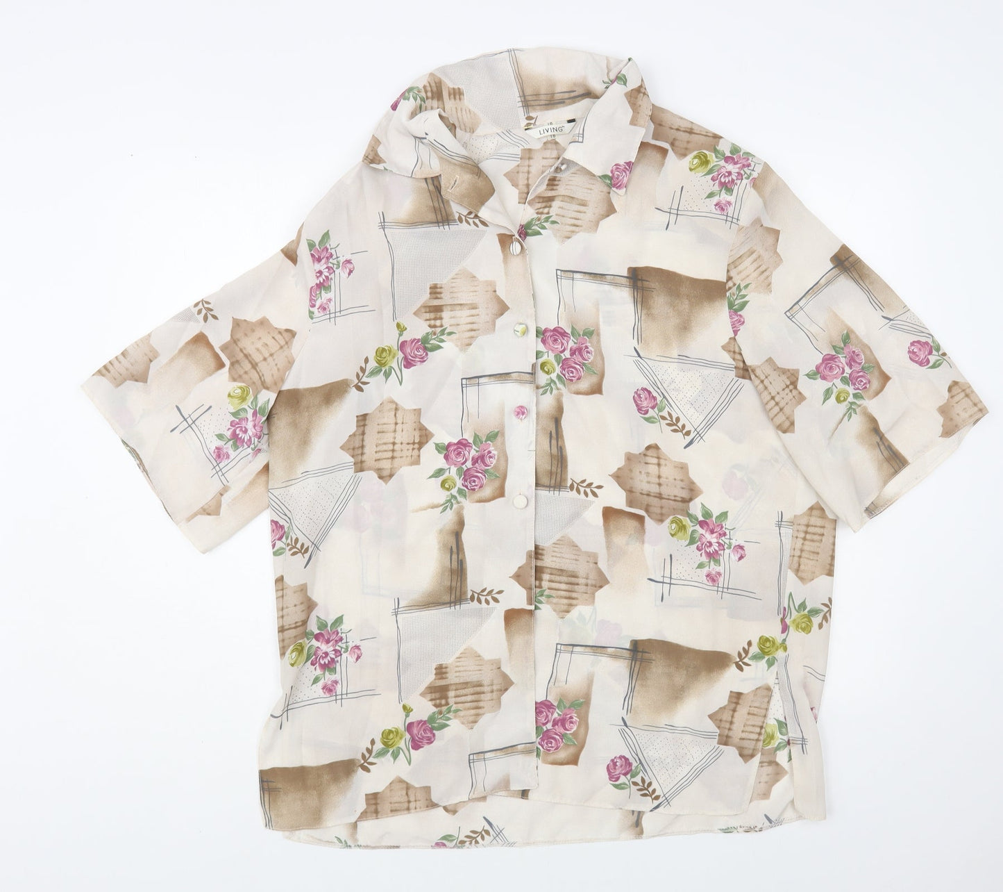 Living Womens Beige Geometric Polyester Basic Blouse Size 18 Collared