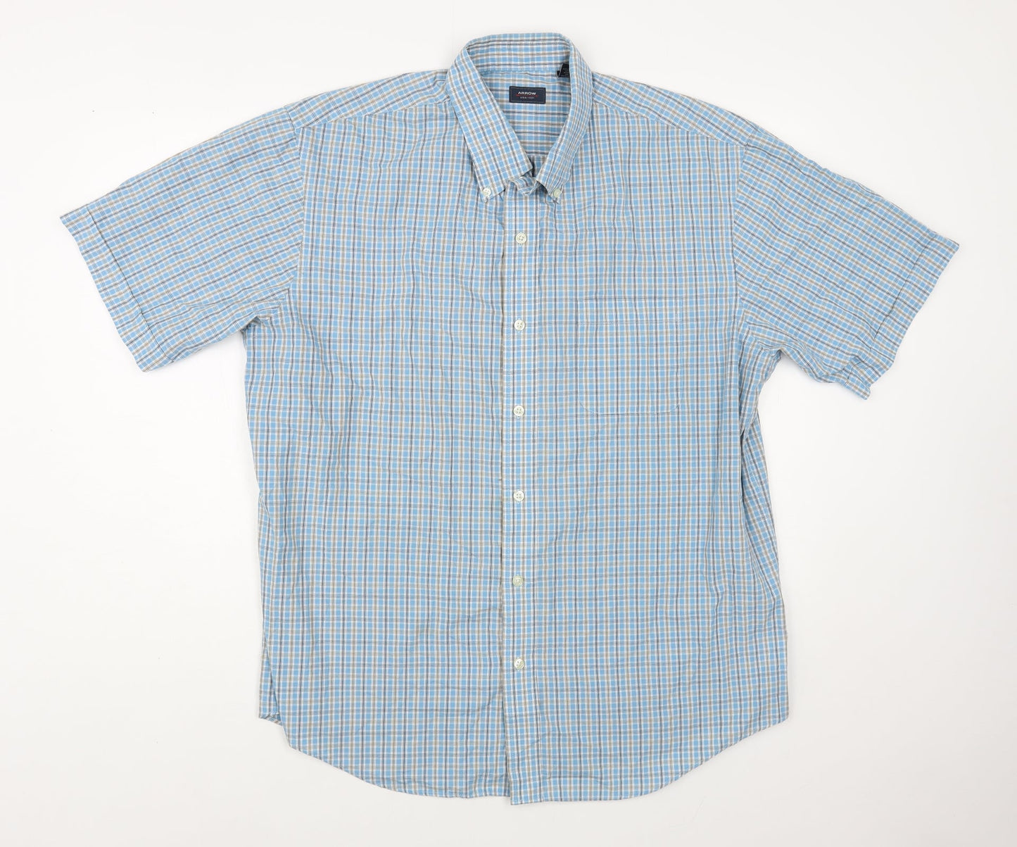 Arrow Mens Blue Plaid Cotton Button-Up Size XL Collared Button