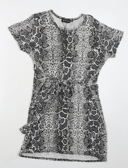 PRETTYLITTLETHING Womens Grey Animal Print Viscose Mini Size 12 Crew Neck Pullover