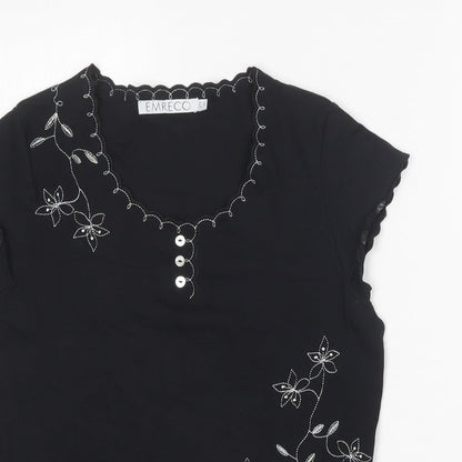 Emreco Womens Black Cotton Basic T-Shirt Size 12 Round Neck