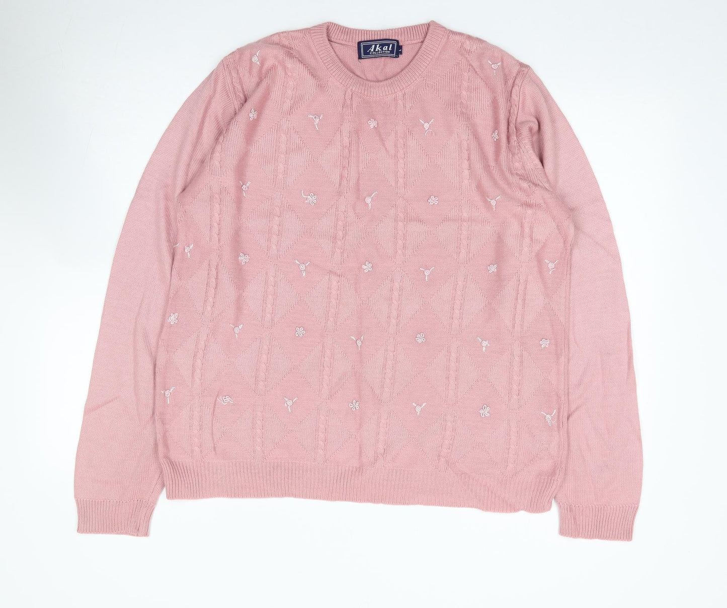 Akal Collection Womens Pink Crew Neck Floral Acrylic Pullover Jumper Size L