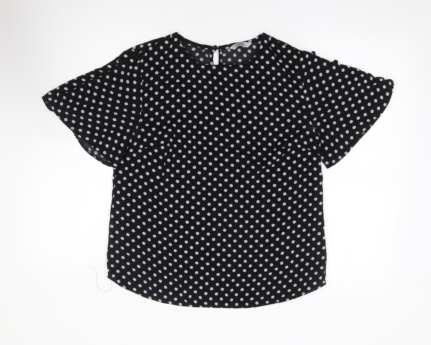 Papaya Womens Black Polka Dot Polyester Jersey Blouse Size 12 Round Neck