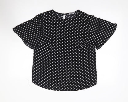 Papaya Womens Black Polka Dot Polyester Jersey Blouse Size 12 Round Neck