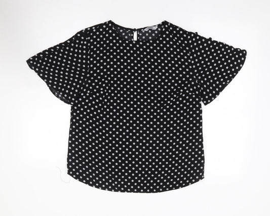Papaya Womens Black Polka Dot Polyester Jersey Blouse Size 12 Round Neck