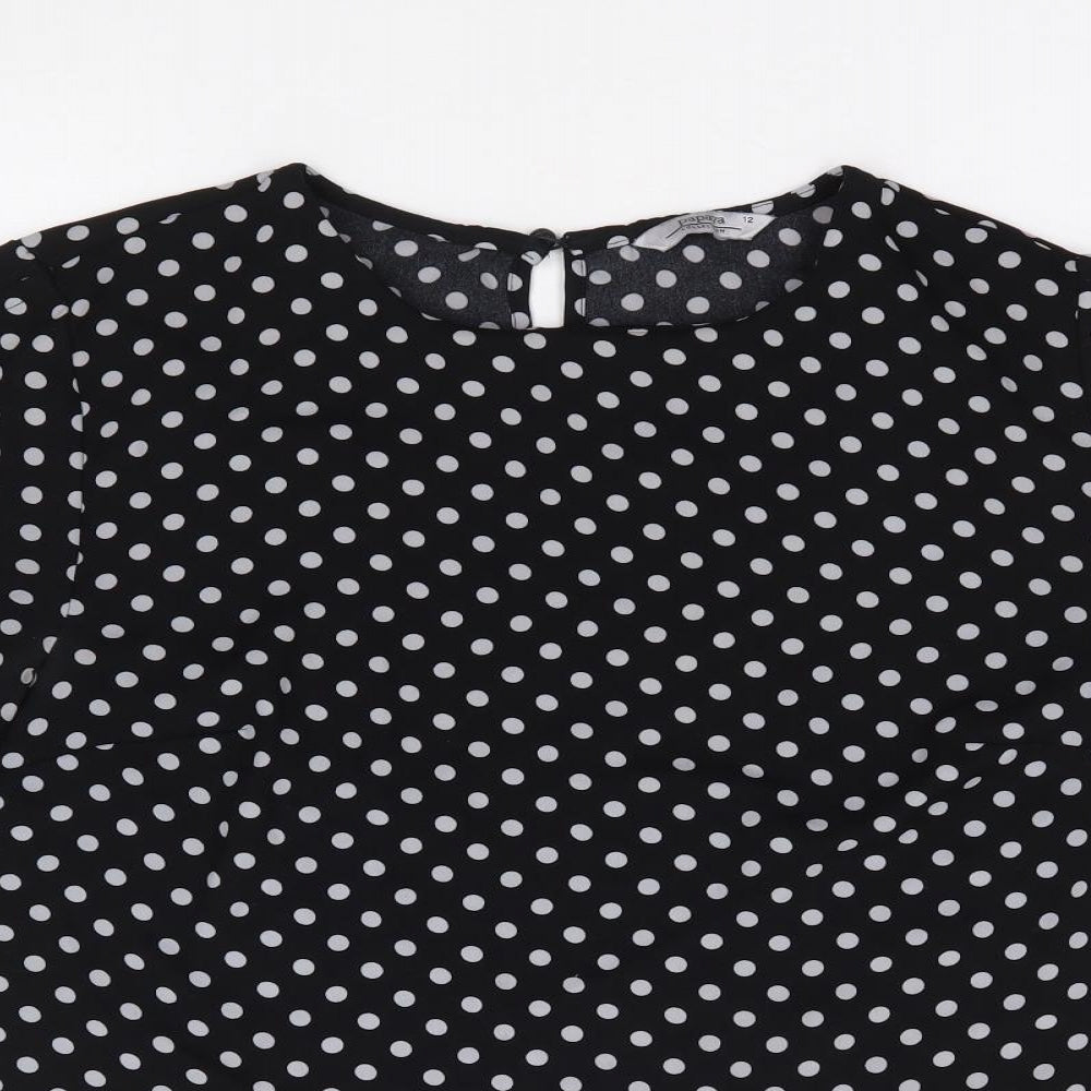 Papaya Womens Black Polka Dot Polyester Jersey Blouse Size 12 Round Neck