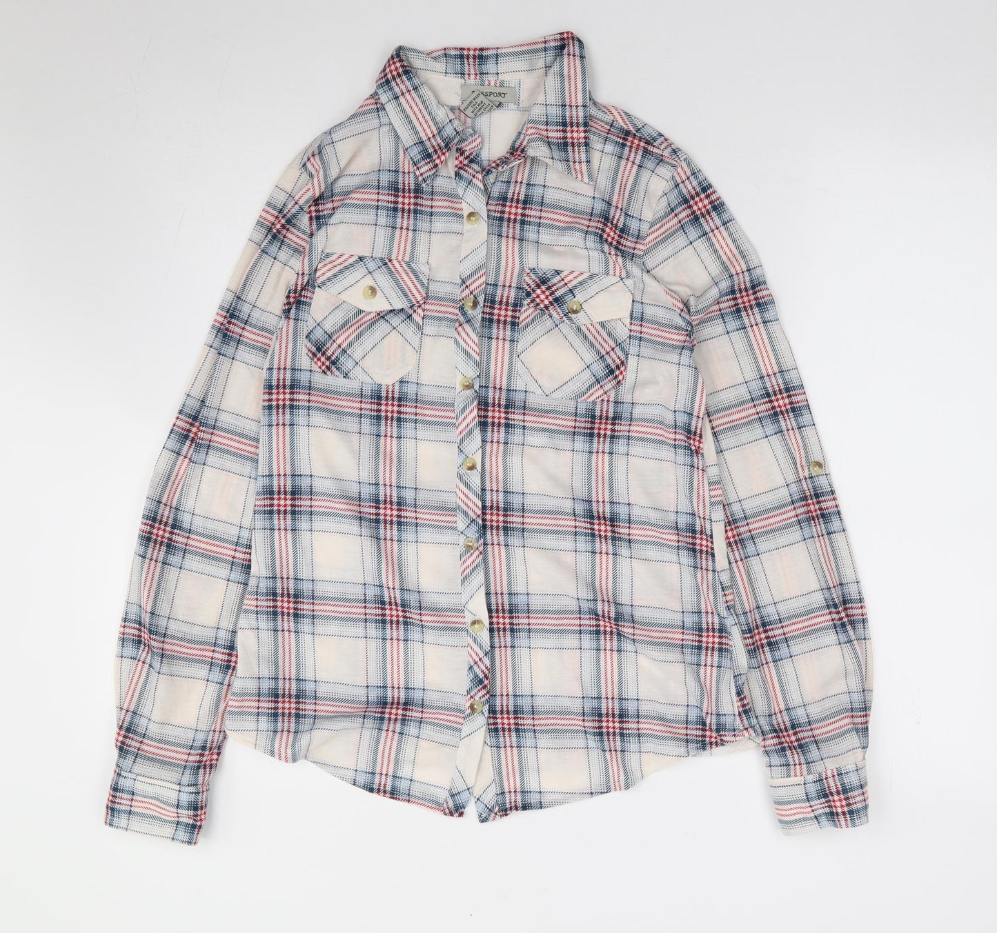 Passport Womens Ivory Plaid Polyester Jersey Button-Up Size S Collared