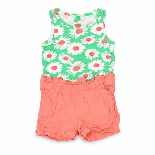 Preworn Girls Green Floral Cotton Romper One-Piece Size 12-18 Months Button