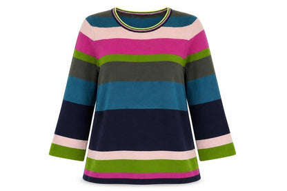 Oui Womens Blue Round Neck Striped Viscose Pullover Jumper Size 8