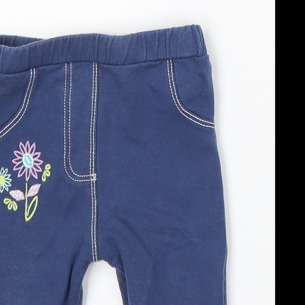M&Co Girls Blue Floral Cotton Jogger Trousers Size 6-9 Months
