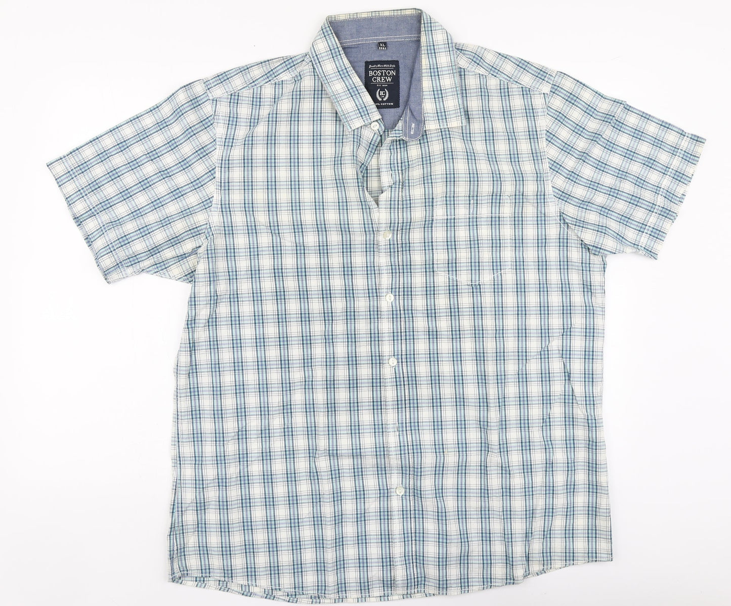 Mens UK Size XL Boston Crew Blue  Button-Up Short Sleeve Casual Shirt