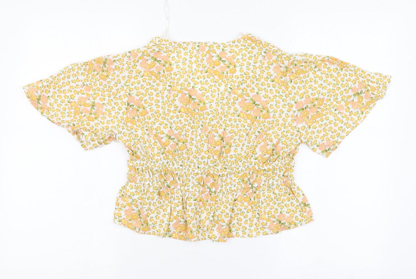 Primark Womens Yellow Floral Viscose Basic Blouse Size 12 V-Neck