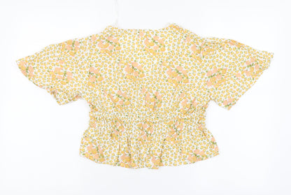 Primark Womens Yellow Floral Viscose Basic Blouse Size 12 V-Neck