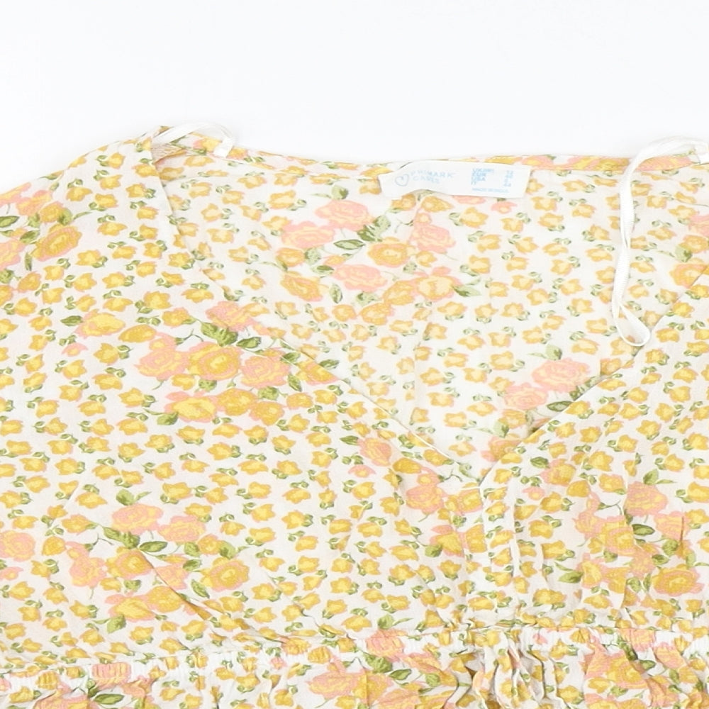 Primark Womens Yellow Floral Viscose Basic Blouse Size 12 V-Neck