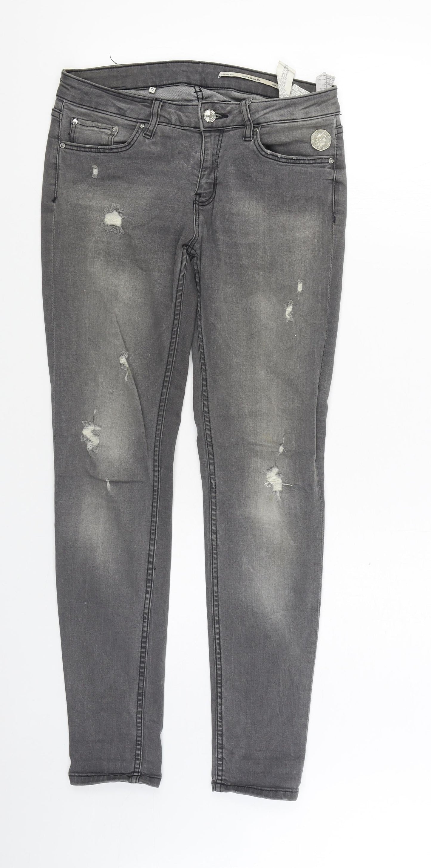 Zara Womens Grey Cotton Skinny Jeans Size 10 L30 in Slim Zip