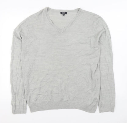 F&F Mens Grey V-Neck Acrylic Pullover Jumper Size L