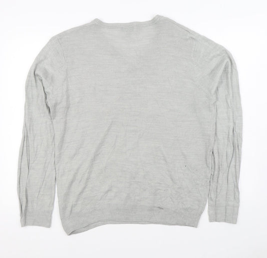 F&F Mens Grey V-Neck Acrylic Pullover Jumper Size L