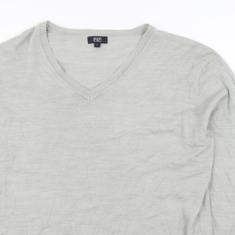 F&F Mens Grey V-Neck Acrylic Pullover Jumper Size L
