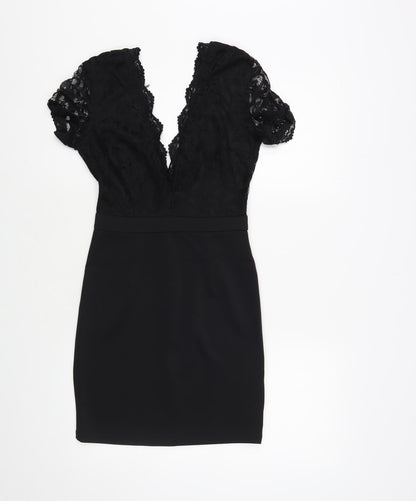 Missguided Womens Black Polyester Bodycon Size 8 V-Neck Zip - Lace Detail